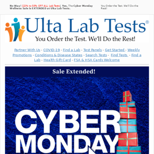 🌐 Cyber WELLNESS Sale EXTENDED - Save 22% to 50% on ALL tests (over 2,000 lab tests).