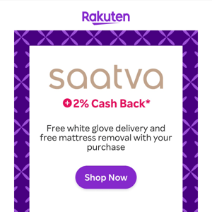 Saatva: Free white glove delivery and mattress removal + 2% Cash Back