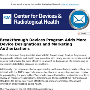 Breakthrough Devices Program adds more device designations and marketing authorizations