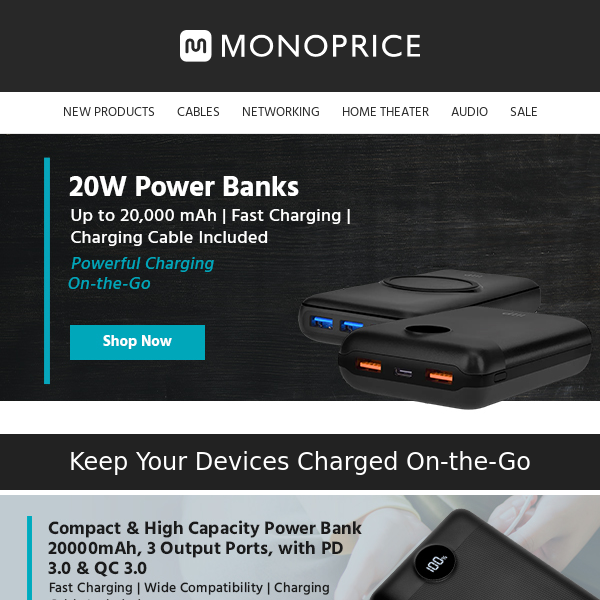 Monoprice Compact 20,000 mAh Power Bank with PD 20W and QC 3.0 Fast  Charging, Built-In Digital LED Display, Compatible with All Mobile Devices  