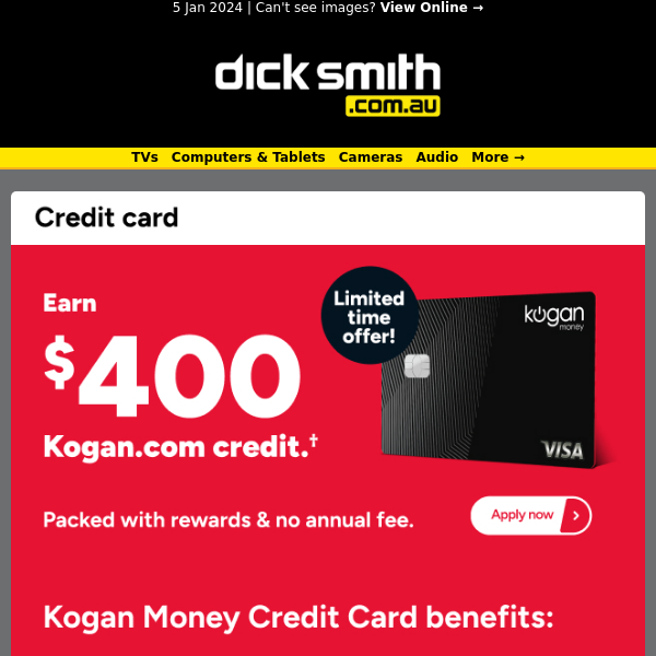 Limited Time Offer: Earn $400 Kogan.com Credit with the Kogan Money Credit Card!