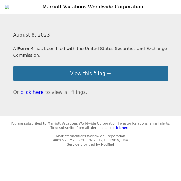 New Form 4 for Marriott Vacations Worldwide Corporation