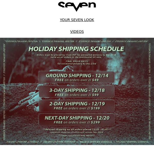 HOLIDAY Shipping Schedule