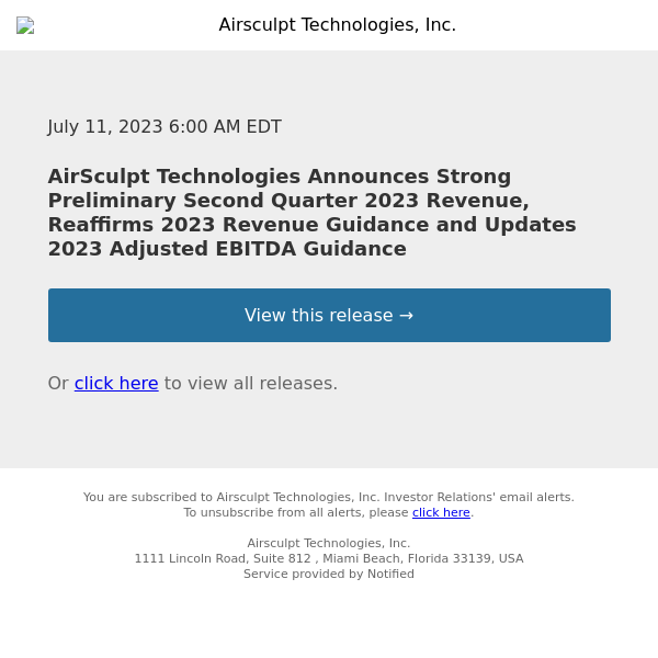 AirSculpt Technologies Announces Strong Preliminary Second Quarter 2023 Revenue, Reaffirms 2023 Revenue Guidance and Updates 2023 Adjusted EBITDA Guidance