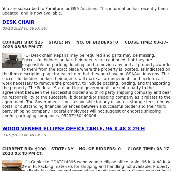 GSA Auctions Furniture Update