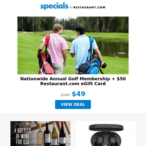 Annual Golf Membership - Only $49! | 4 Bottle Wine Bundle + Free Shipping! | Bluetooth 5.0 Earbuds