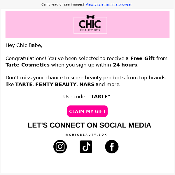 Congratulations! Claim your TARTE Cosmetics gift🎁