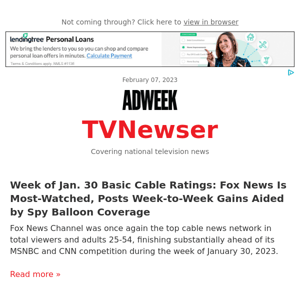 Week of Jan. 30 Basic Cable Ratings: Fox News Is Most-Watched, Posts Week-to-Week Gains Aided by Spy Balloon Coverage