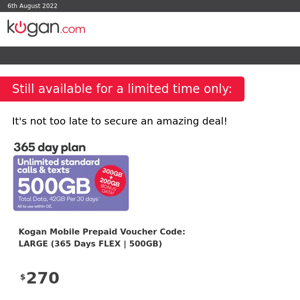 Kogan Mobile Prepaid Voucher Code: LARGE (365 Days FLEX | 500GB)