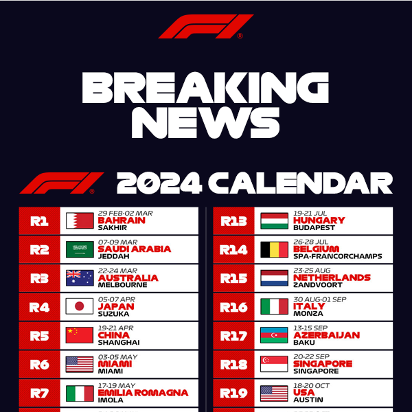 BREAKING NEWS: F1 2024 official Grand Prix dates first look