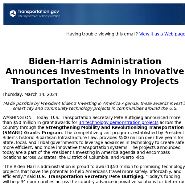 Biden-Harris Administration Announces Investments in Innovative Transportation Technology Projects