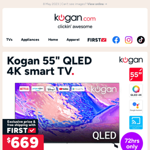 Kogan 55" QLED 4K smart TV only $669 (Rising to $999.99 in 72hrs!)