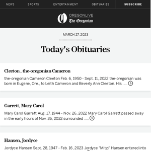 Latest obituaries for March 27, 2023