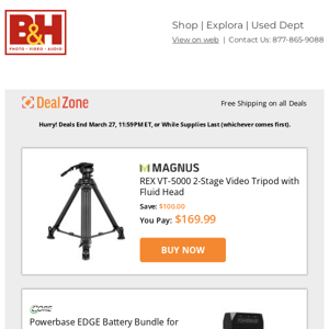 Today's Deals: Magnus REX VT-5000 2-Stage Video Tripod w/ Fluid Head, Core Powerbase EDGE Battery Bundle for Blackmagic Pocket Camera, GVM 1000D RGB LED Light Panel, Swissdigital Katy Rose Backpack & More