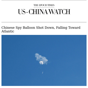 Chinese Spy Balloon Shot Down, Falling Toward Atlantic