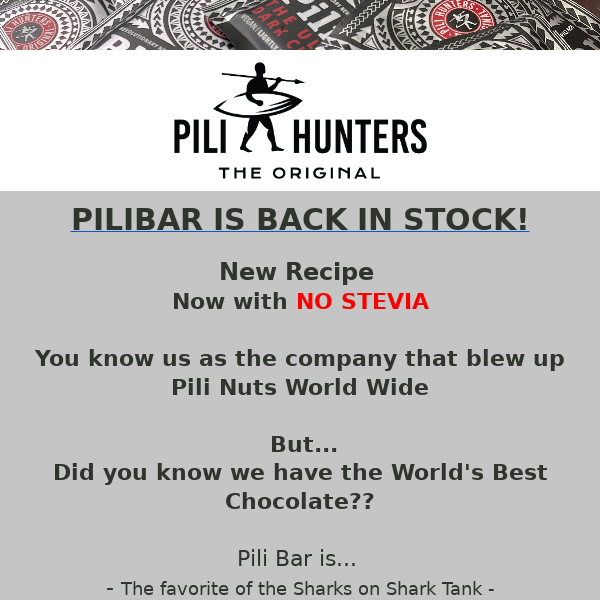 Pili Bar Back In Stock now No Stevia! Ultimate dark chocolate