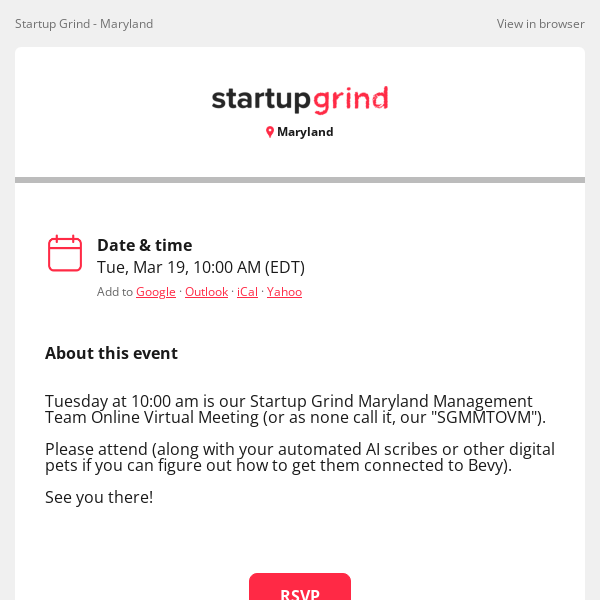 Startup Grind, join us for Management Team Meeting