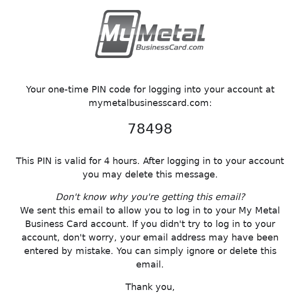 My Metal Business Card Login PIN Code