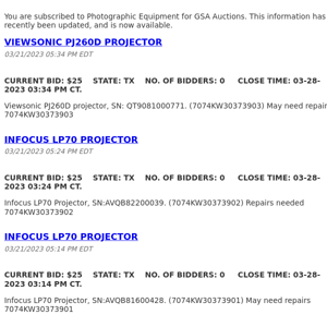 GSA Auctions Photographic Equipment Update