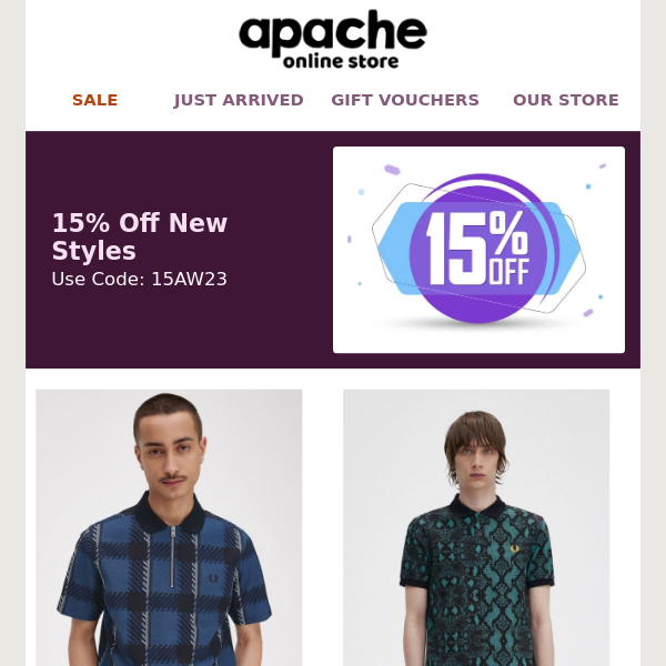 Apache 15% Off Menswear Must End SOON