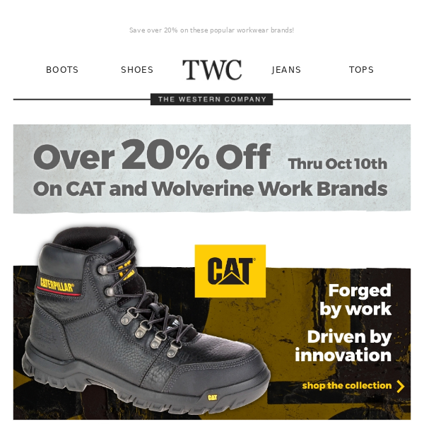 Save over 20% on CAT and Wolverine workwear