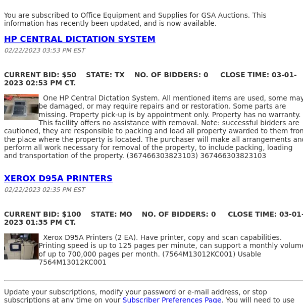 GSA Auctions Office Equipment and Supplies Update