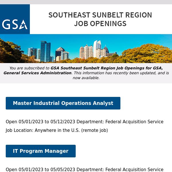 New/Current Job Opportunities in the GSA Southeast Sunbelt Region