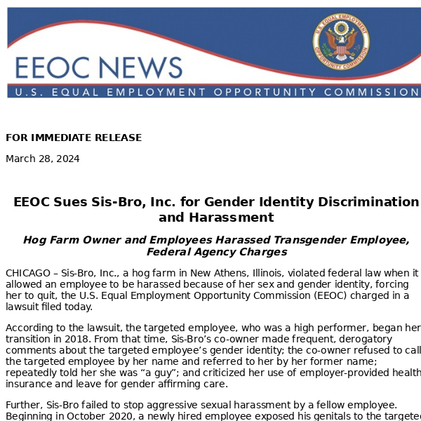 EEOC Sues Sis-Bro, Inc. for Gender Identity Discrimination and Harassment