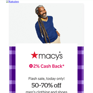 Macy’s: Men’s Flash Sale! 50-70% off + 2% Cash Back