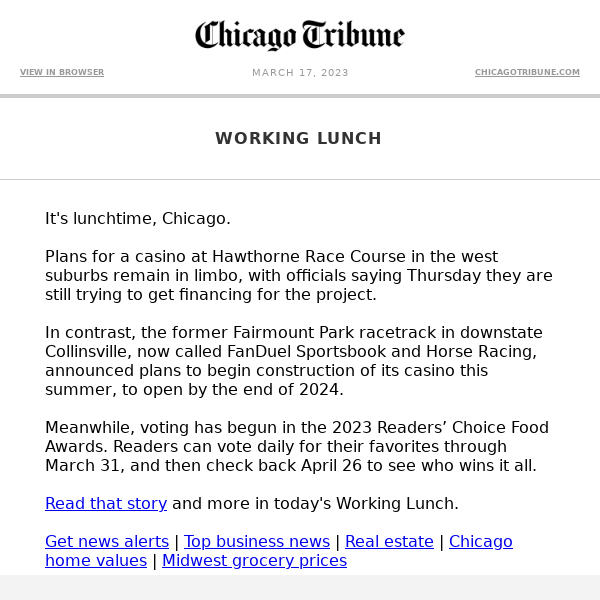 Working Lunch: Hawthorne casino in limbo | Ford recalls 1.5M vehicles | Readers’ Choice Food Awards 2023