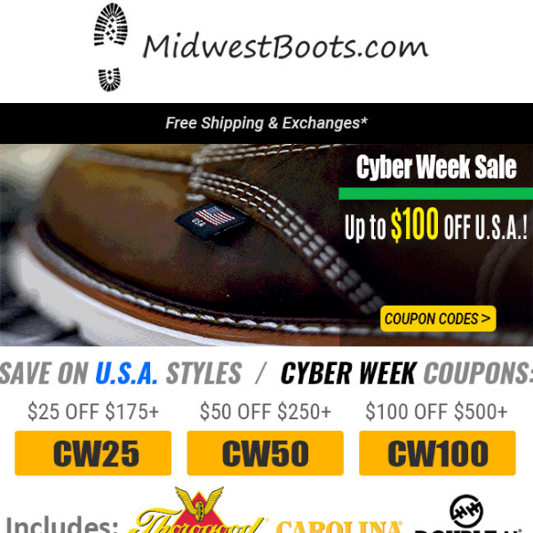 LAST CHANCE for U.S.A. Cyber Coupons - Includes Thorogood!