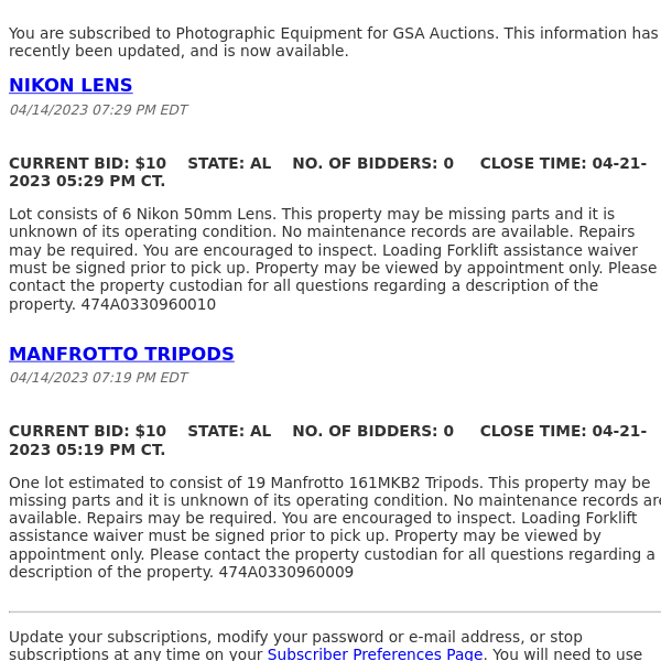 GSA Auctions Photographic Equipment Update