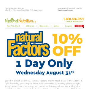 10% Off Natural Factors - 1 Day Only