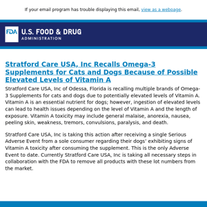 Stratford Care USA, Inc Recalls Omega-3 Supplements for Cats and Dogs Because of Possible Elevated Levels of Vitamin A