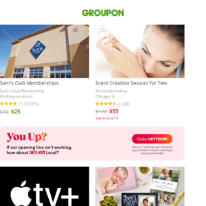 Sam's Club Memberships | Scent Creation Session for Two | Two-Month Apple TV+ Subscription