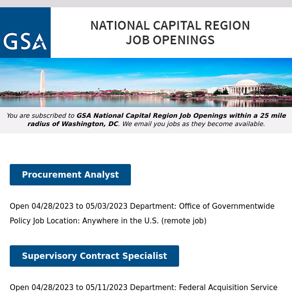 New/Current Job Opportunities in the GSA National Capital Region