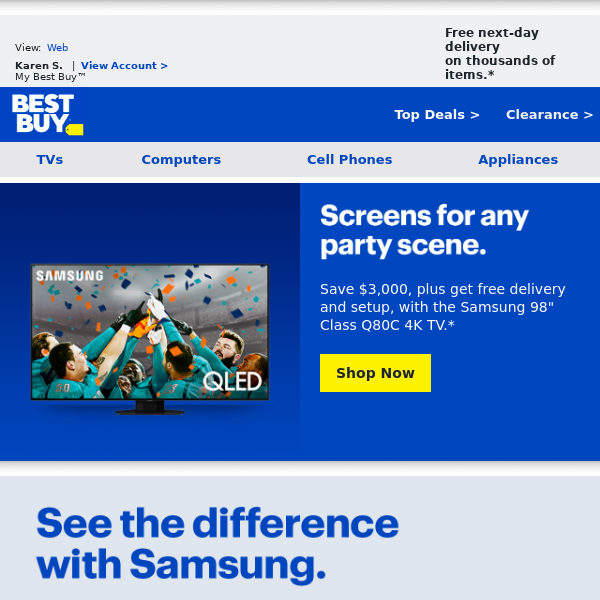 Best Buy, score big and save $3,000 on the Samsung 98" Class Q80C 4K TV.