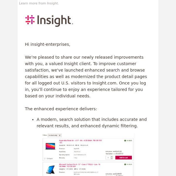 Enhanced product discovery and comparison on insight.com