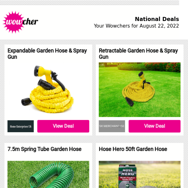 Wowchers for You: Expandable Garden Hose & Spray Gun | Adjustable Abdominal Fitness Hoop | Robot Vacuum Cleaner | Pillar Fruit Trees  | Cool Blue Memory Foam Sprung Mattress