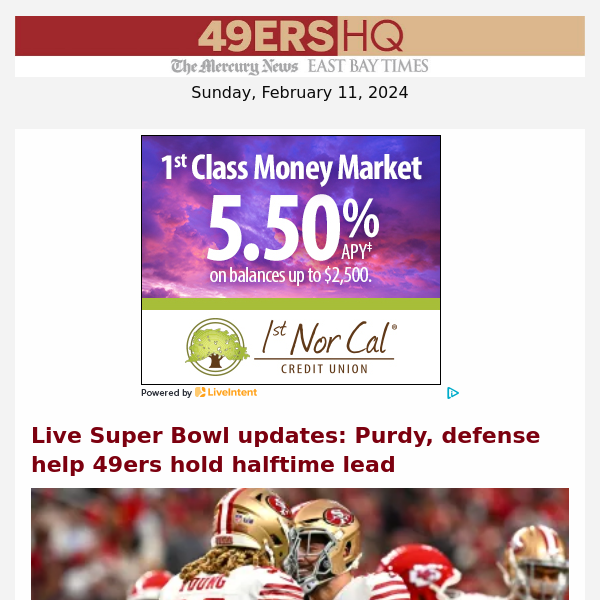 Live Super Bowl updates: Purdy, defense help 49ers hold halftime lead