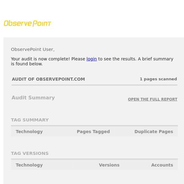 Your ObservePoint Audit is Complete - Audit of ObservePoint.com