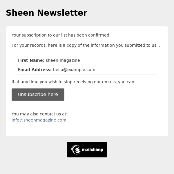Sheen Newsletter: Subscription Confirmed