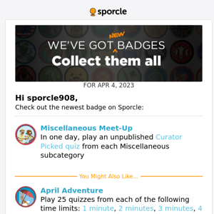 New Sporcle Badge, Apr 4, 2023