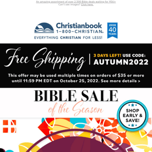 3 Days Left: Free Shipping + Bible Sale of the Season!