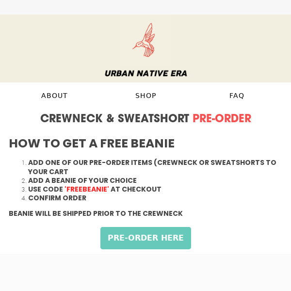 2 days left to get a Free Beanie w/ crewneck or sweatshorts. Learn more
