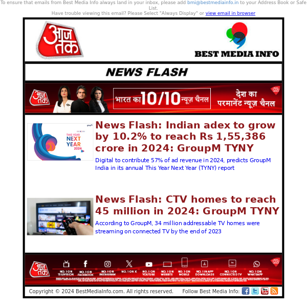 Indian adex to grow by 10.2% to reach Rs 1,55,386 crore in 2024; CTV homes to reach 45 million in 2024: GroupM TYNY