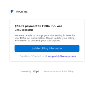 $23.99 payment to FitOn Inc. was unsuccessful