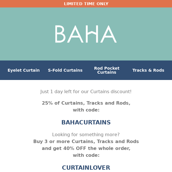 1 day Left | 40% off Curtains