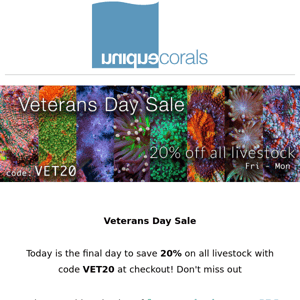 Veterans Day sale ends today! Save 20% on all livestock with code VET20 at checkout + 15% off all Marco Rock  ﻿ ﻿ 　　