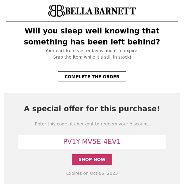 Final Call: Complete Your Purchase and Save $10 at Bella Barnett!